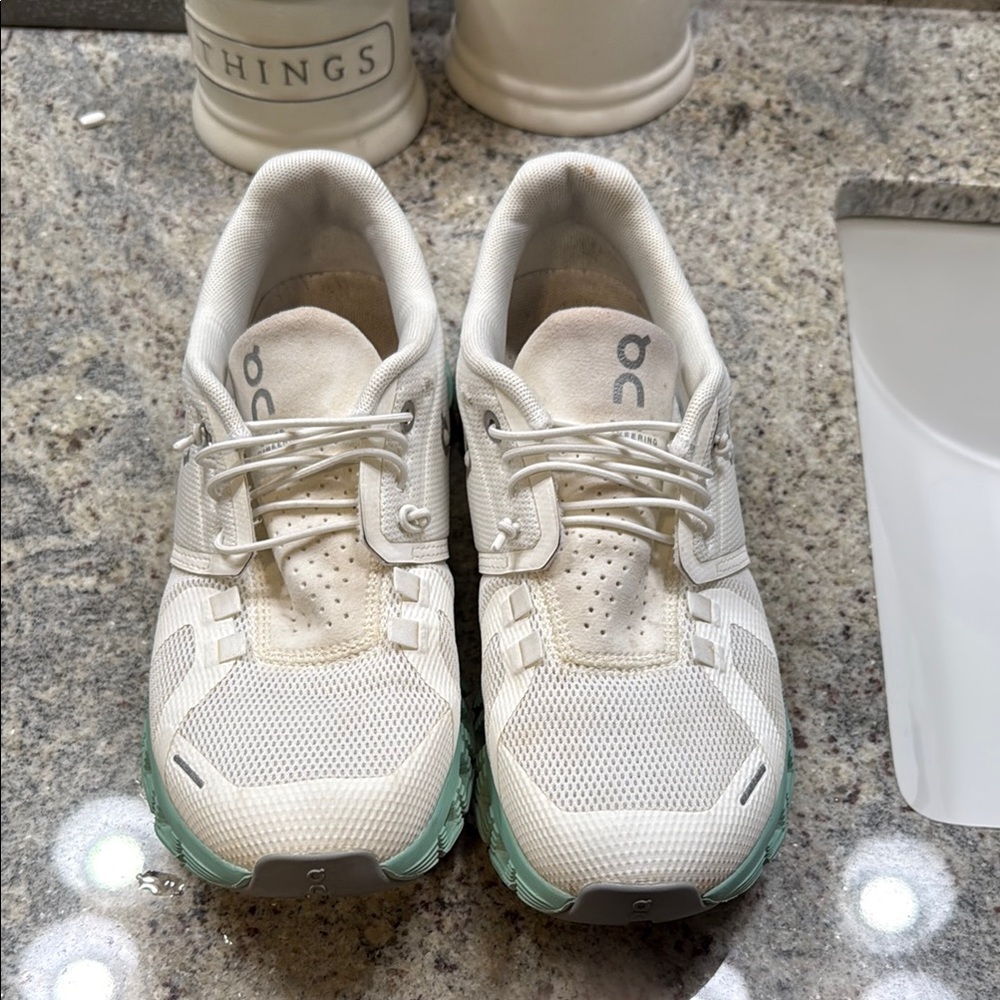 On Running White and Green Sneakers